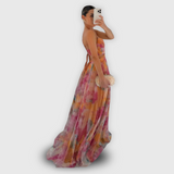 Dames Maxi Jurk met Abstracte Print en Strapless Halslijn