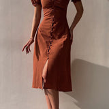 Elegante Midi Jurk met Split en Pofmouwen