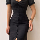 Elegante Midi Jurk met Split en Pofmouwen