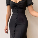 Elegante Midi Jurk met Split en Pofmouwen