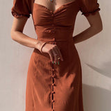 Elegante Midi Jurk met Split en Pofmouwen