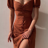 Elegante Midi Jurk met Split en Pofmouwen