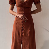 Elegante Midi Jurk met Split en Pofmouwen