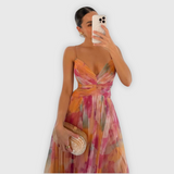 Dames Maxi Jurk met Abstracte Print en Strapless Halslijn