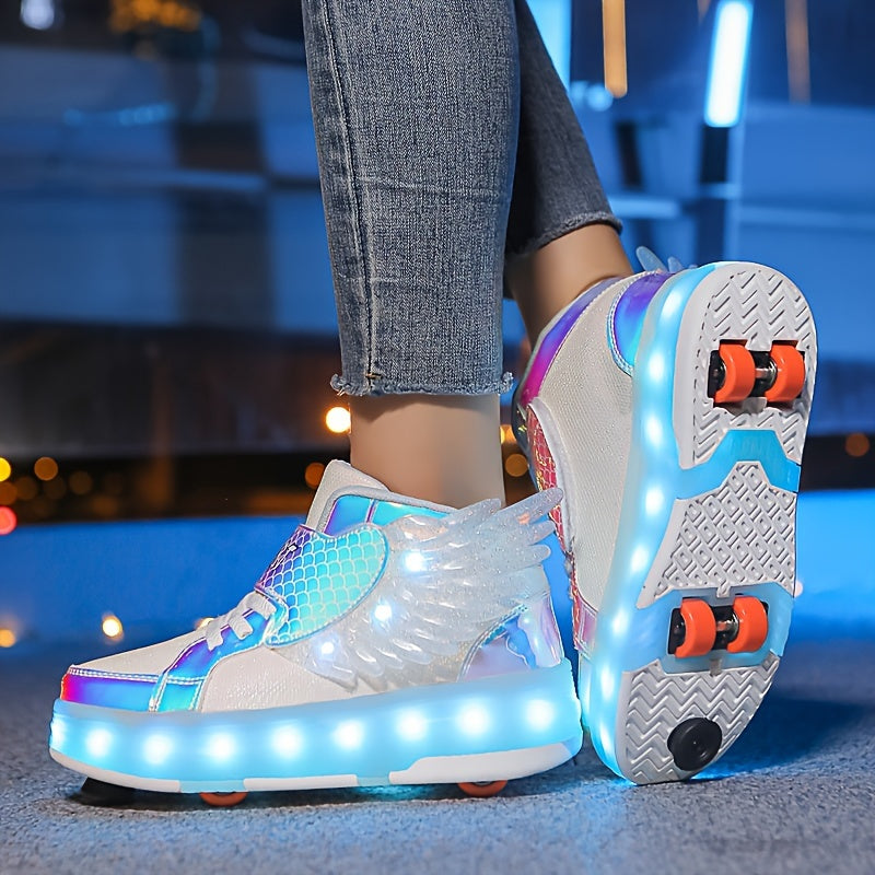 GlowSkate USB oplaadbare rolschaats sneakers met licht en vleugels – kleurrijke en comfortabele sneakers voor meisjes en tieners, ideaal voor plezier, buitenactiviteiten en avondritten.