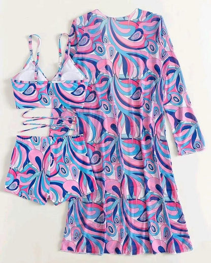 Driedelige luxe bikini-set voor dames – Trendy bikini met bijpassende cover-up, elegante snit en comfortabele pasvorm, perfect voor een stijlvolle stranddag of zwembadfeest.