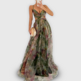 Dames Maxi Jurk met Abstracte Print en Strapless Halslijn