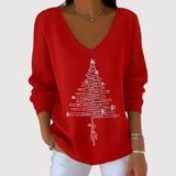 Dames Trui met V-Hals en Kerstboomprint