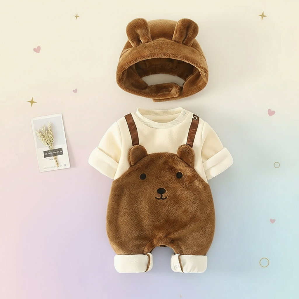 LittleSnow pluche babyset – romper, muts en shirt in zachte, warme stof voor comfort en schattige winterlooks.