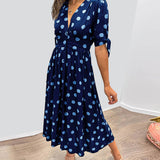 Dames Midi Jurk met Stippenprint en V-Hals