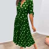 Dames Midi Jurk met Stippenprint en V-Hals