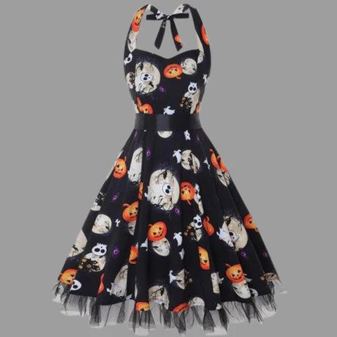 Halloween midi jurk – spookachtige cartoon print kostuum voor dames, comfortabele pasvorm met speels en eng ontwerp, perfect voor Halloween en verkleedfeesten.