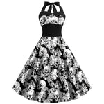 Halloween midi jurk – doodshoofd print kostuum voor dames, comfortabele pasvorm met griezelig en speels ontwerp, perfect voor Halloween en verkleedfeesten.