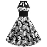 Halloween midi jurk – doodshoofd print kostuum voor dames, comfortabele pasvorm met griezelig en speels ontwerp, perfect voor Halloween en verkleedfeesten.