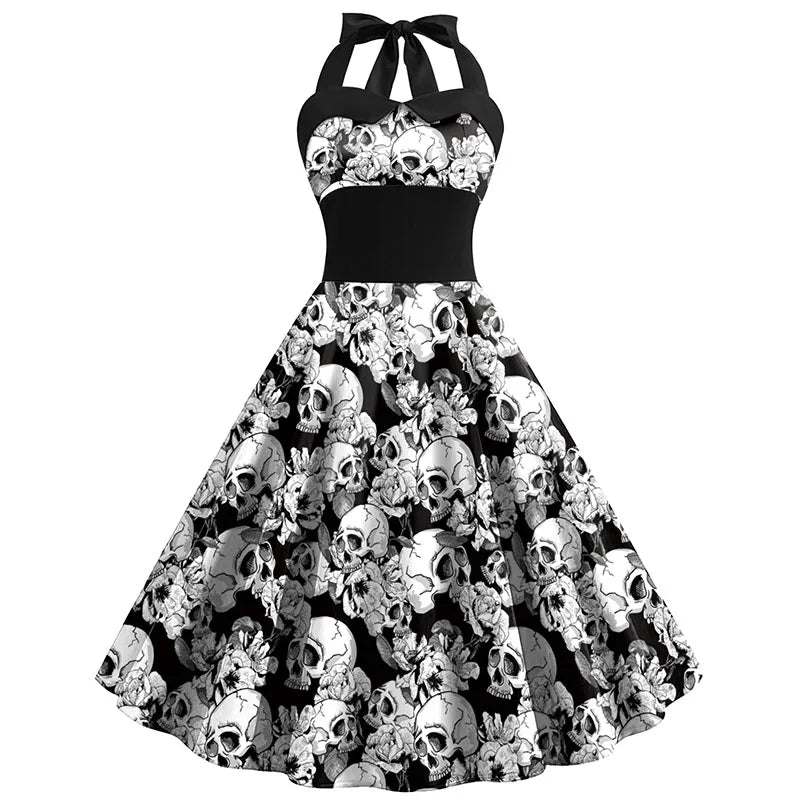 Halloween midi jurk – doodshoofd print kostuum voor dames, comfortabele pasvorm met griezelig en speels ontwerp, perfect voor Halloween en verkleedfeesten.
