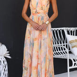 Dames Maxi Jurk met Halterhals en Abstracte Print