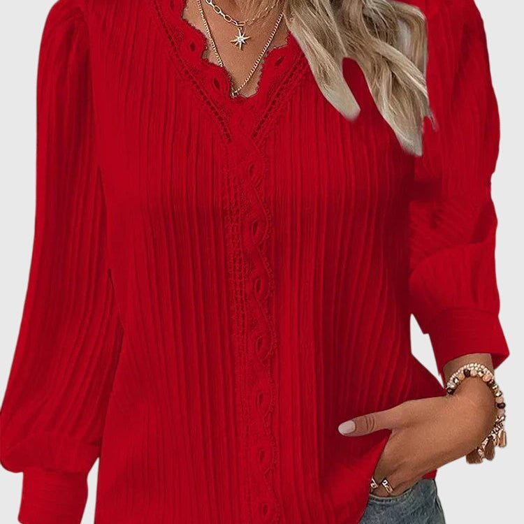 Dames blouse met V-hals en geplooide structuur