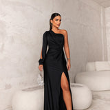 Elegante One Shoulder Maxi Jurk met Drapering en Split