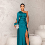 Elegante One Shoulder Maxi Jurk met Drapering en Split
