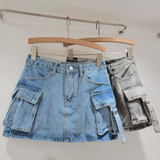 Cargo Denim Mini Rok met Zakken en Stoere Details