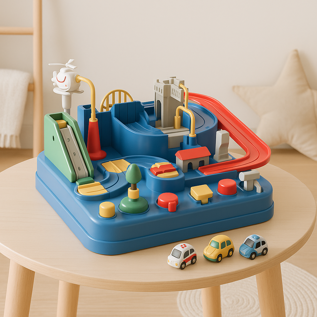 Mini autobaan voor peuters – set met wegen en autootjes, duurzaam speelgoed en stimuleert creatief spel en motorische ontwikkeling.