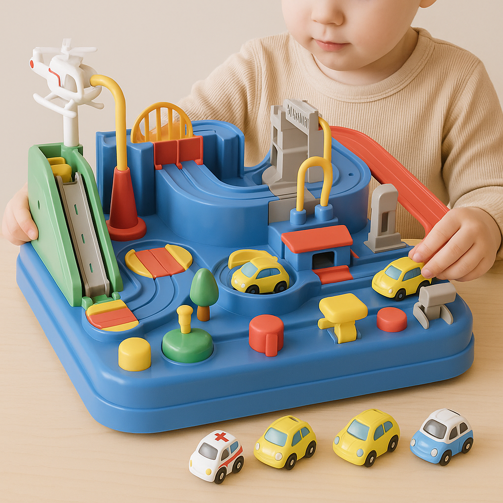 Mini autobaan voor peuters – set met wegen en autootjes, duurzaam speelgoed en stimuleert creatief spel en motorische ontwikkeling.