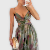 Dames Maxi Jurk met Abstracte Print en Strapless Halslijn