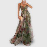 Dames Maxi Jurk met Abstracte Print en Strapless Halslijn