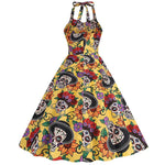 Halloween midi jurk – doodshoofd print kostuum voor dames, comfortabele pasvorm met griezelig en speels ontwerp, perfect voor Halloween en verkleedfeesten.