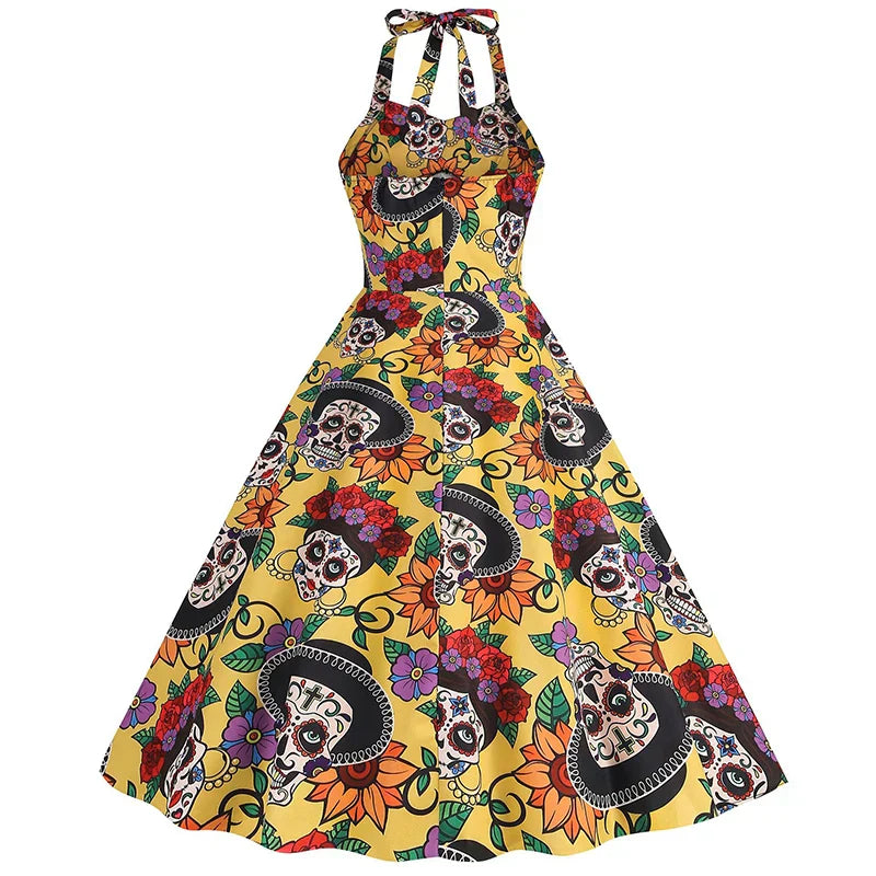 Halloween midi jurk – doodshoofd print kostuum voor dames, comfortabele pasvorm met griezelig en speels ontwerp, perfect voor Halloween en verkleedfeesten.