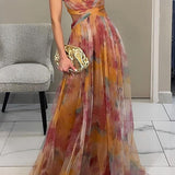 Dames Maxi Jurk met Abstracte Print en Spaghettibandjes