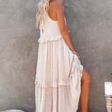Dames Maxi Jurk met Gelaagde Rok en Ronde Hals