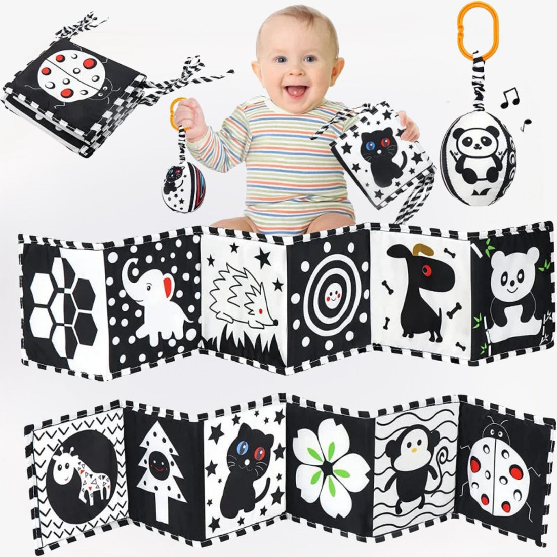 Zwart-wit sensorisch babyboek – Montessori speelgoed met contrastrijke illustraties, stimuleert visuele ontwikkeling en nieuwsgierigheid bij baby’s.