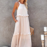 Dames Maxi Jurk met Gelaagde Rok en Ronde Hals
