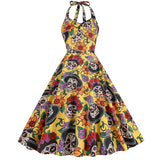Halloween midi jurk – doodshoofd print kostuum voor dames, comfortabele pasvorm met griezelig en speels ontwerp, perfect voor Halloween en verkleedfeesten.