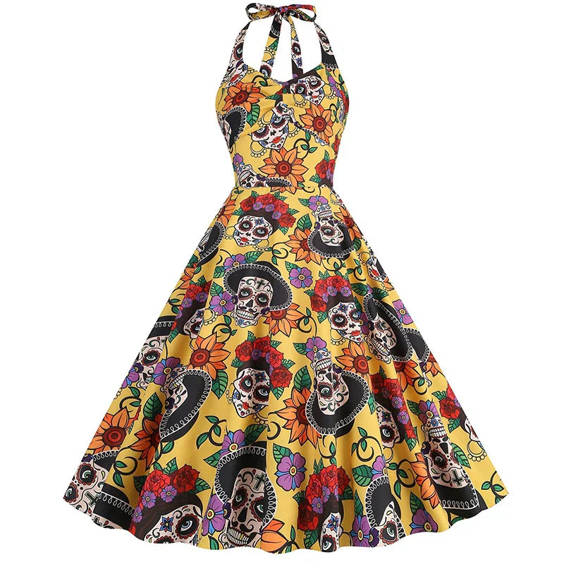 Halloween midi jurk – doodshoofd print kostuum voor dames, comfortabele pasvorm met griezelig en speels ontwerp, perfect voor Halloween en verkleedfeesten.