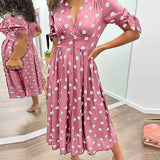 Dames Midi Jurk met Stippenprint en V-Hals