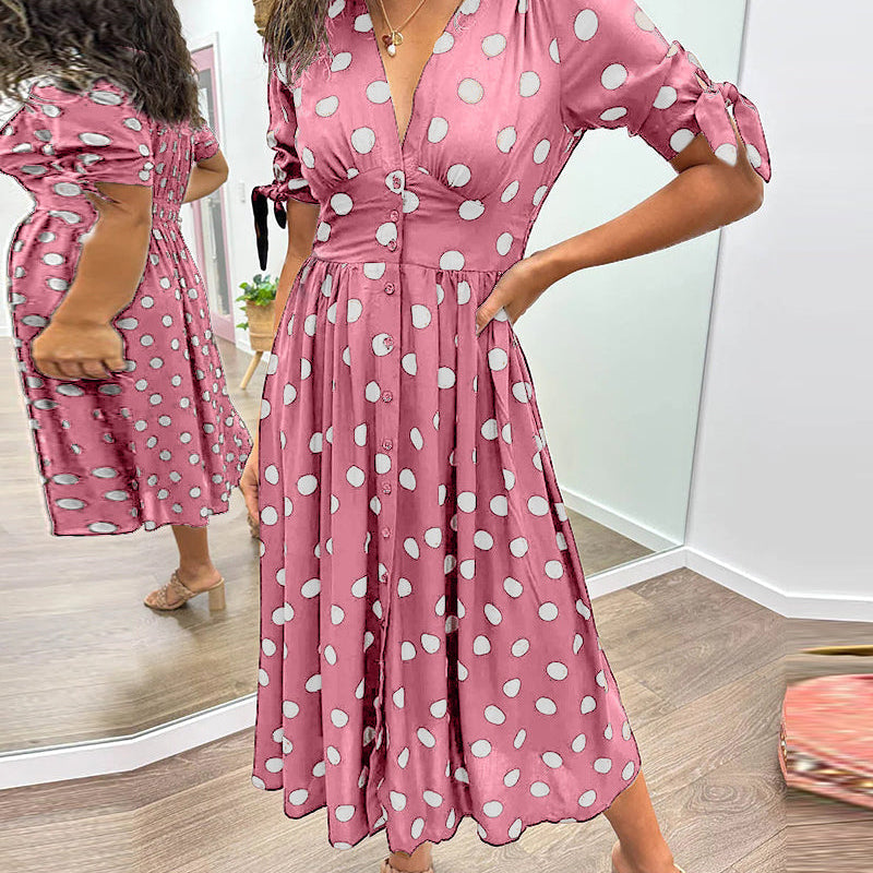 Dames Midi Jurk met Stippenprint en V-Hals