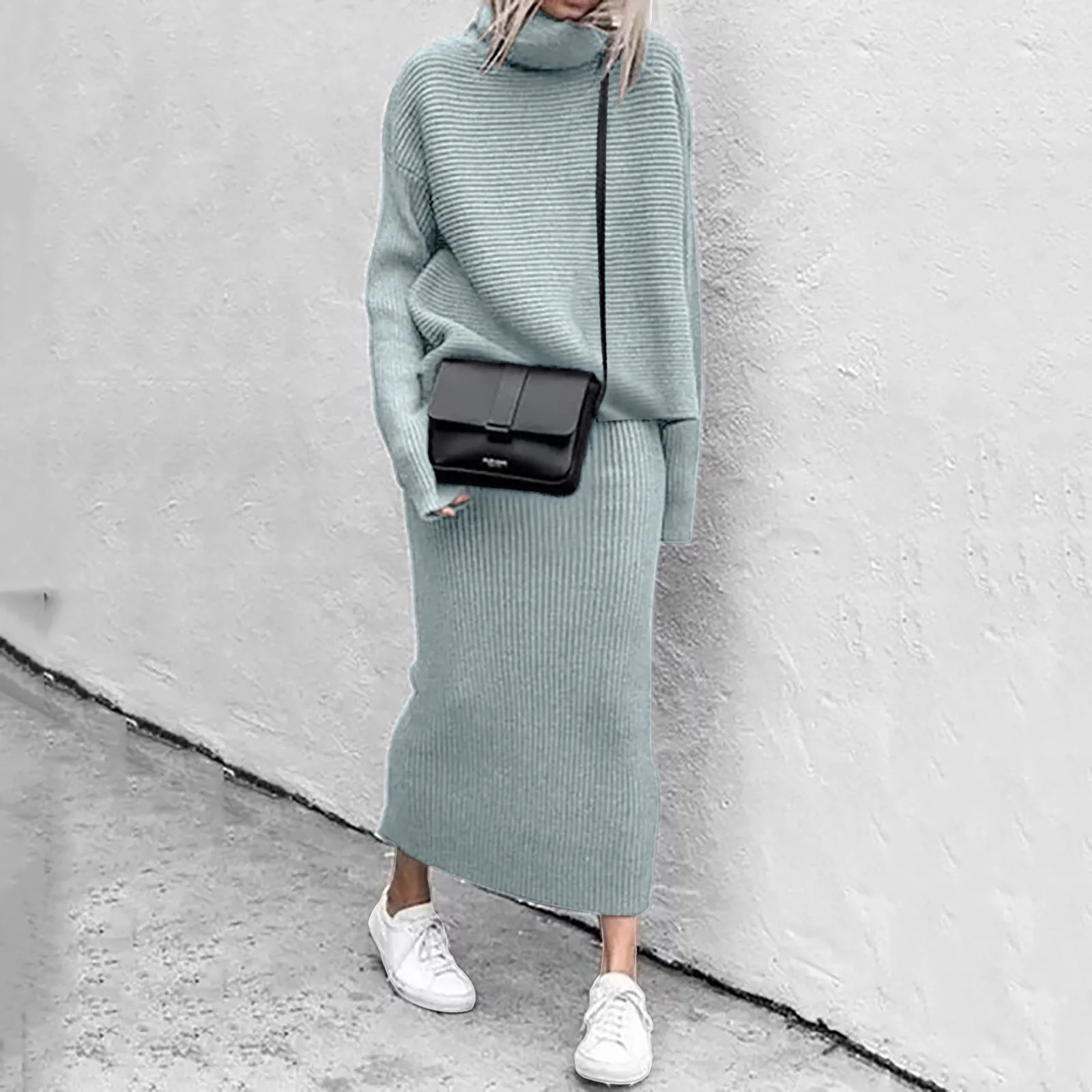 Tweedelige coltrui en maxi-rok set voor dames – elegante en comfortabele outfit voor elke gelegenheid, met een verfijnde en stijlvolle uitstraling.