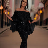 Pailletten Maxi Jurk met Off-Shoulder Halslijn