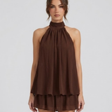 Halter Mini Jurk met Gelaagde Volantzoom