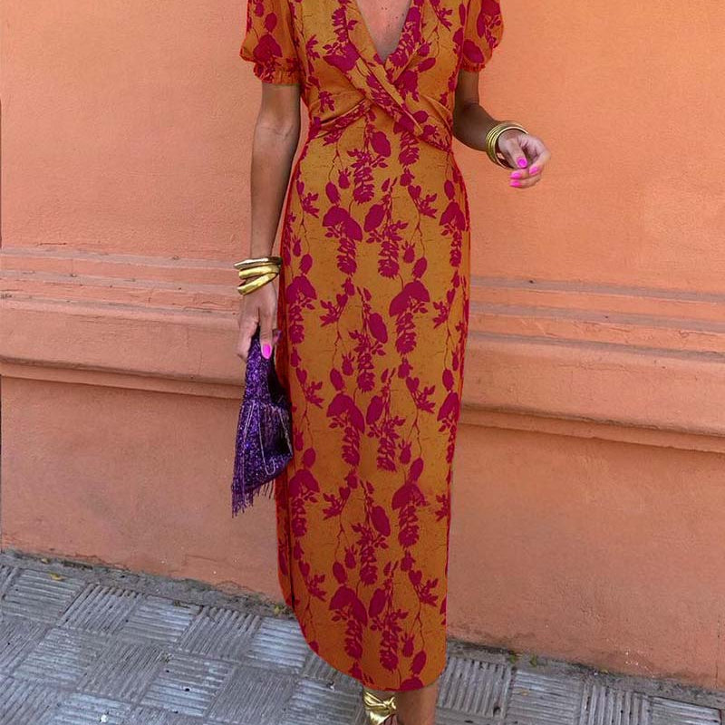 Boho Maxi Jurk met Print en V Hals