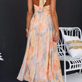 Dames Maxi Jurk met Abstracte Print en Halterhals