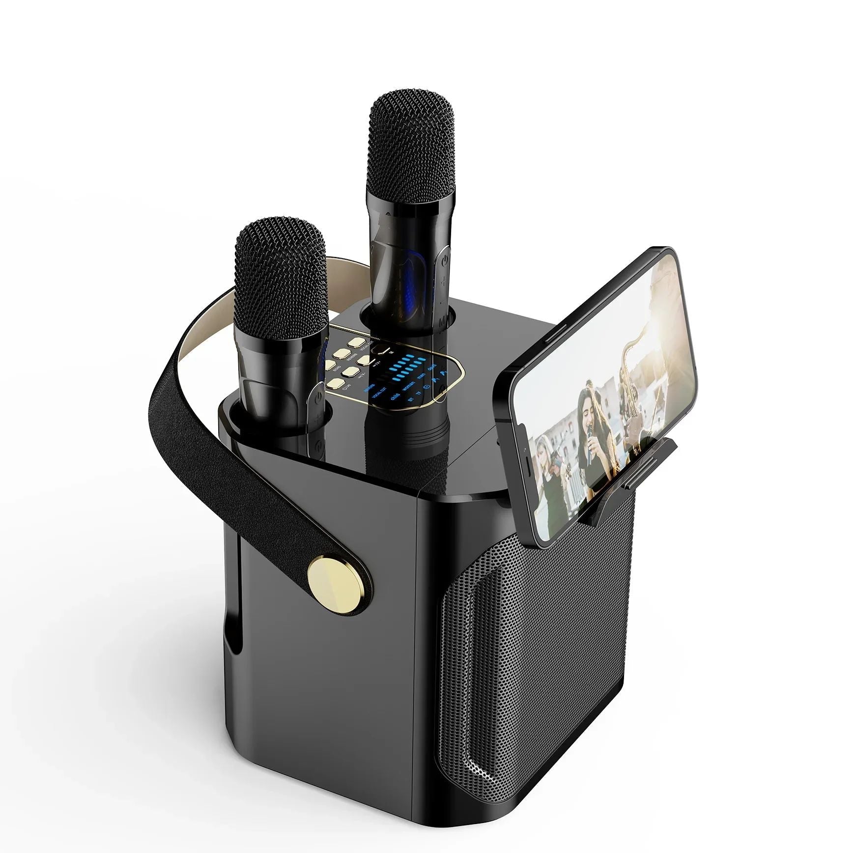 Draagbare karaoke boombox met subwoofer – krachtige bluetooth speaker met microfoon, helder geluid en ideaal voor feestjes thuis of onderweg.