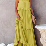 Dames Maxi Jurk met Gelaagde Rok en Ronde Hals