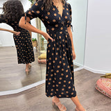 Dames Midi Jurk met Stippenprint en V-Hals