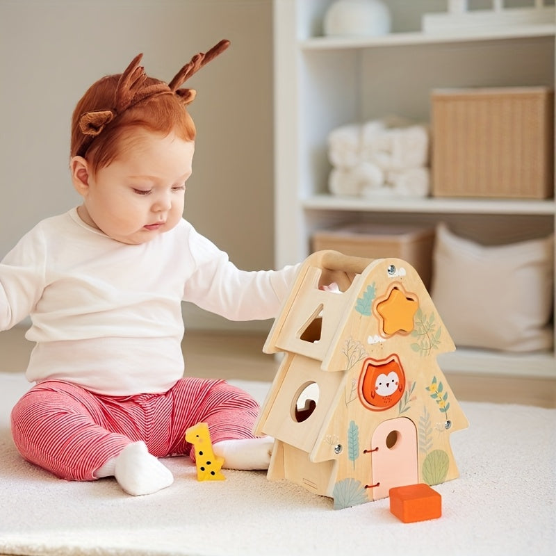 Montessori vormenpuzzel met blokkendoos – educatief houten speelgoed voor kinderen, bevordert logisch denken, kleur- en vormherkenning en fijne motoriek.