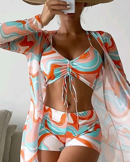 Driedelige luxe bikini-set voor dames – Trendy bikini met bijpassende cover-up, elegante snit en comfortabele pasvorm, perfect voor een stijlvolle stranddag of zwembadfeest.