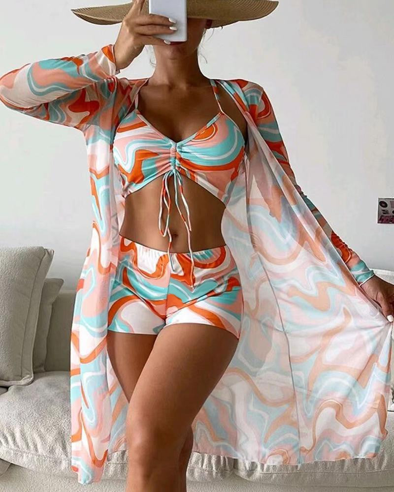 Driedelige luxe bikini-set voor dames – Trendy bikini met bijpassende cover-up, elegante snit en comfortabele pasvorm, perfect voor een stijlvolle stranddag of zwembadfeest.
