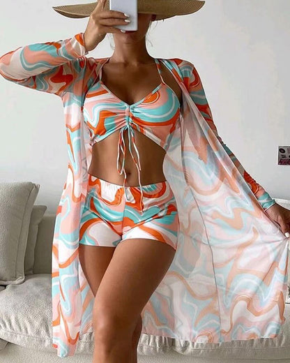 Driedelige luxe bikini-set voor dames – Trendy bikini met bijpassende cover-up, elegante snit en comfortabele pasvorm, perfect voor een stijlvolle stranddag of zwembadfeest.